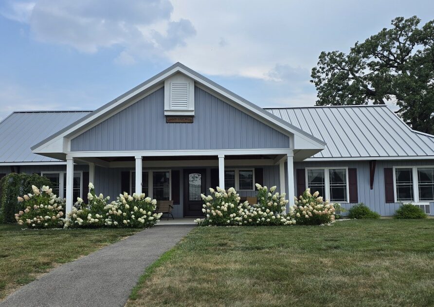 Blue single-story house with a metal roof and covered front porch, surrounded by white flowering shrubs along a concrete walkway.